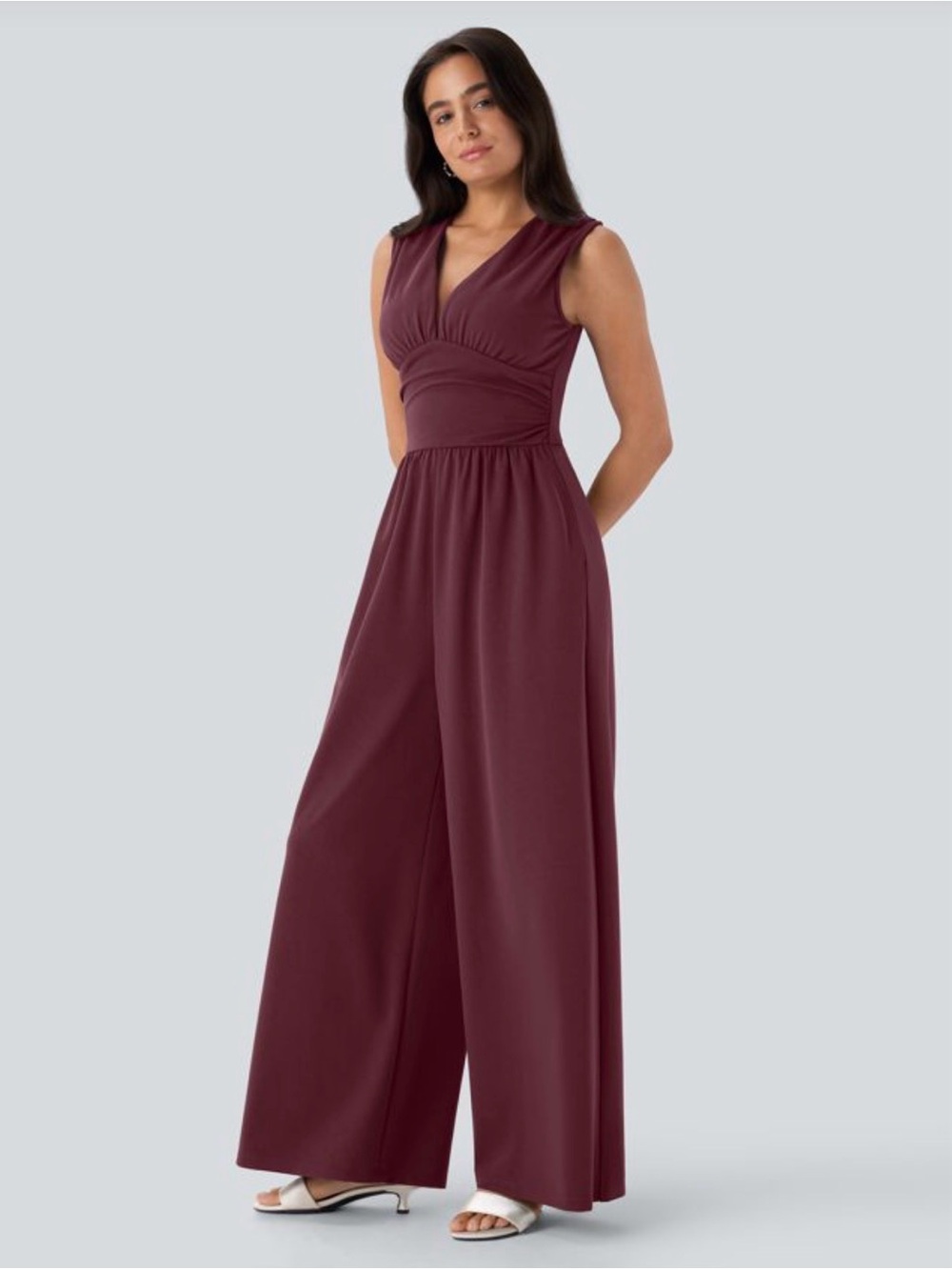 Halara Burgundy V Neck Sleeveless Ruched Pocket Jumpsuit-Easy Peezy Size M New - Picture 3 of 13
